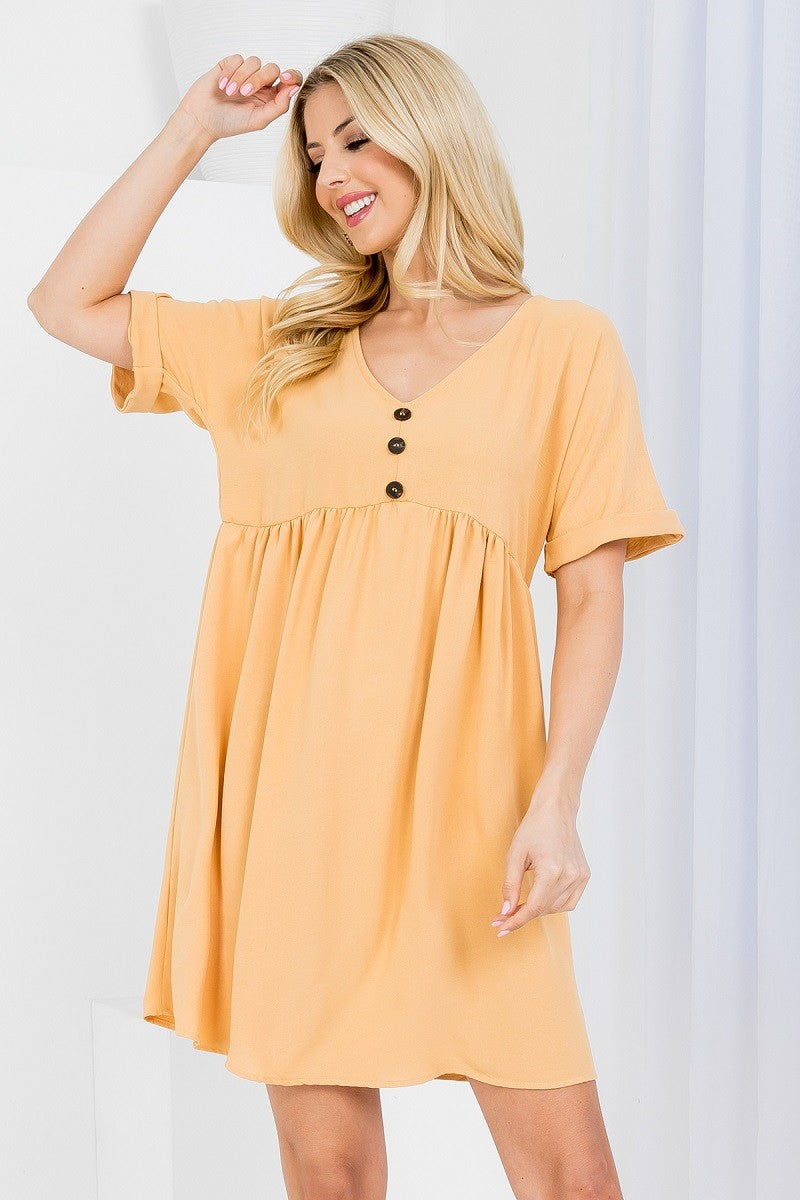 Short fold sleeve v neck button empire loose fit summer dress