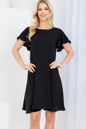 Short flutter sleeve zipper on the side fit and flare woven dress in black color