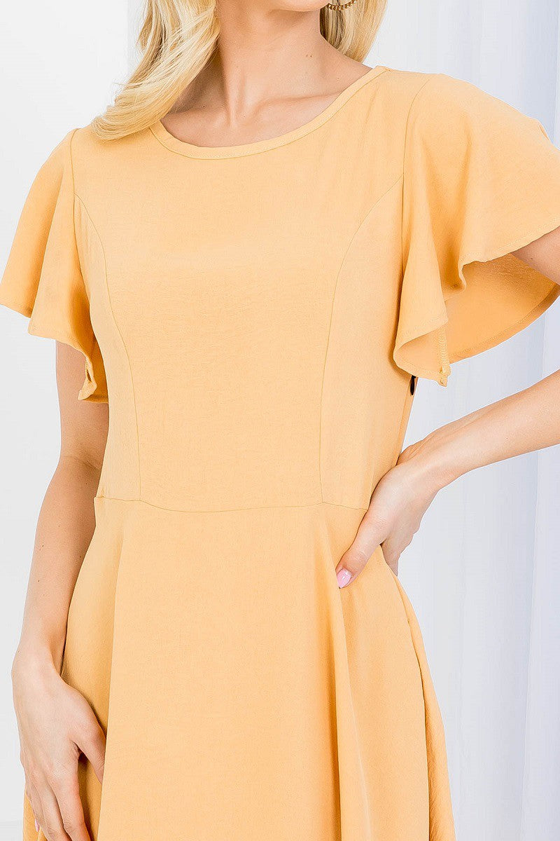 Short flutter sleeve zipper on the side fit and flare woven dress in melon color