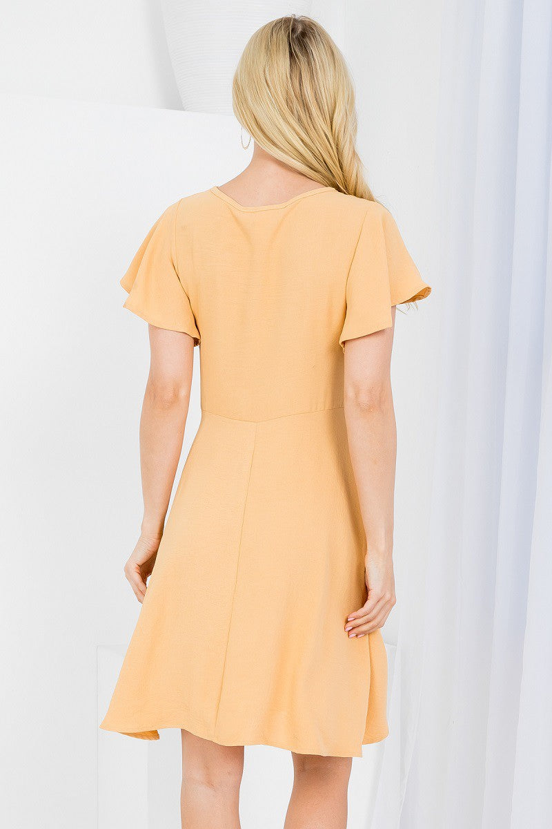 Short flutter sleeve zipper on the side fit and flare woven dress in melon color