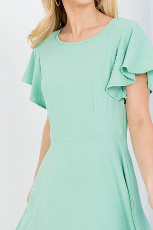 Short flutter sleeve zipper on the side fit and flare woven dress in sage color