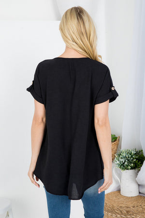 Summer casual notch neck cuff short sleeve blouse top