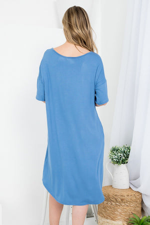 Boat neck dolman style dress with pockets casual loungewear blue color