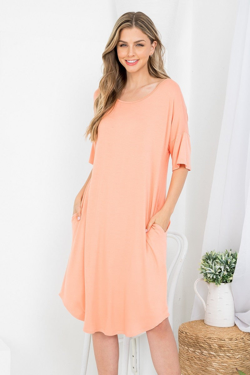 Boat neck dolman style dress with pockets casual loungewear salmon color