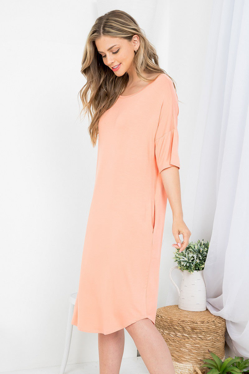 Boat neck dolman style dress with pockets casual loungewear salmon color