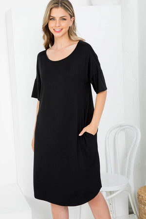 Boat neck dolman style dress with pockets casual loungewear black color