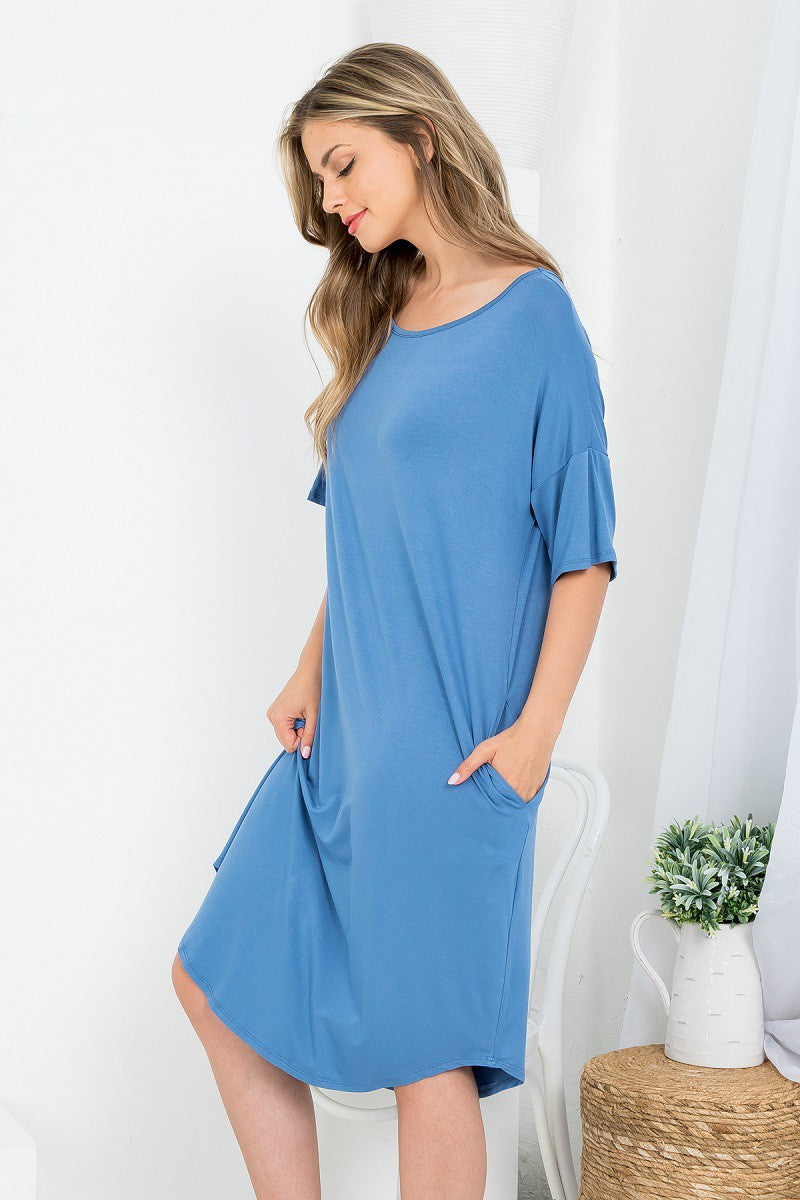 Boat neck dolman style dress with pockets casual loungewear blue color