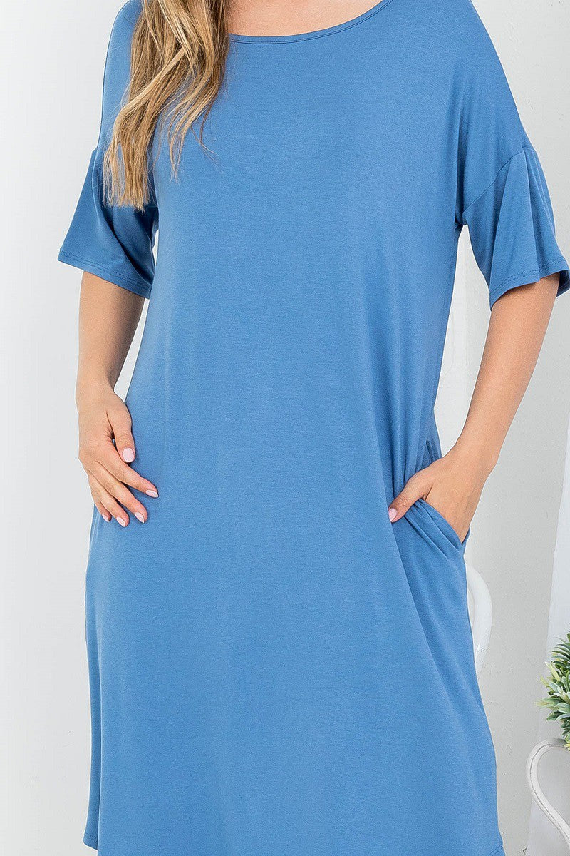 Boat neck dolman style dress with pockets casual loungewear blue color