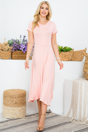 Short sleeve flowy swing summer dress in peach color