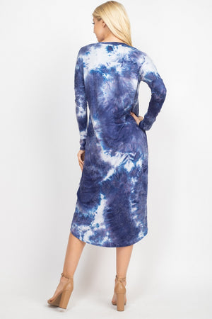 Long Sleeve round neck tie dye navy dress