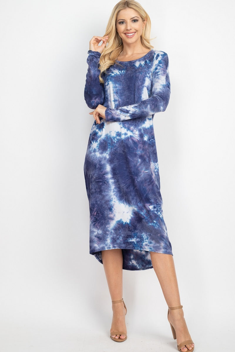 Long Sleeve round neck tie dye navy dress