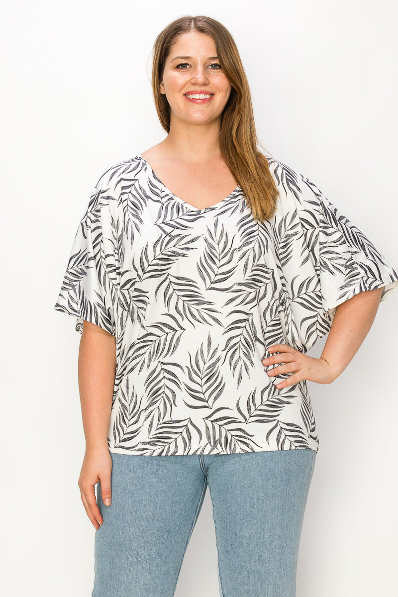 Plus size V neck dolman leaf print ivory top