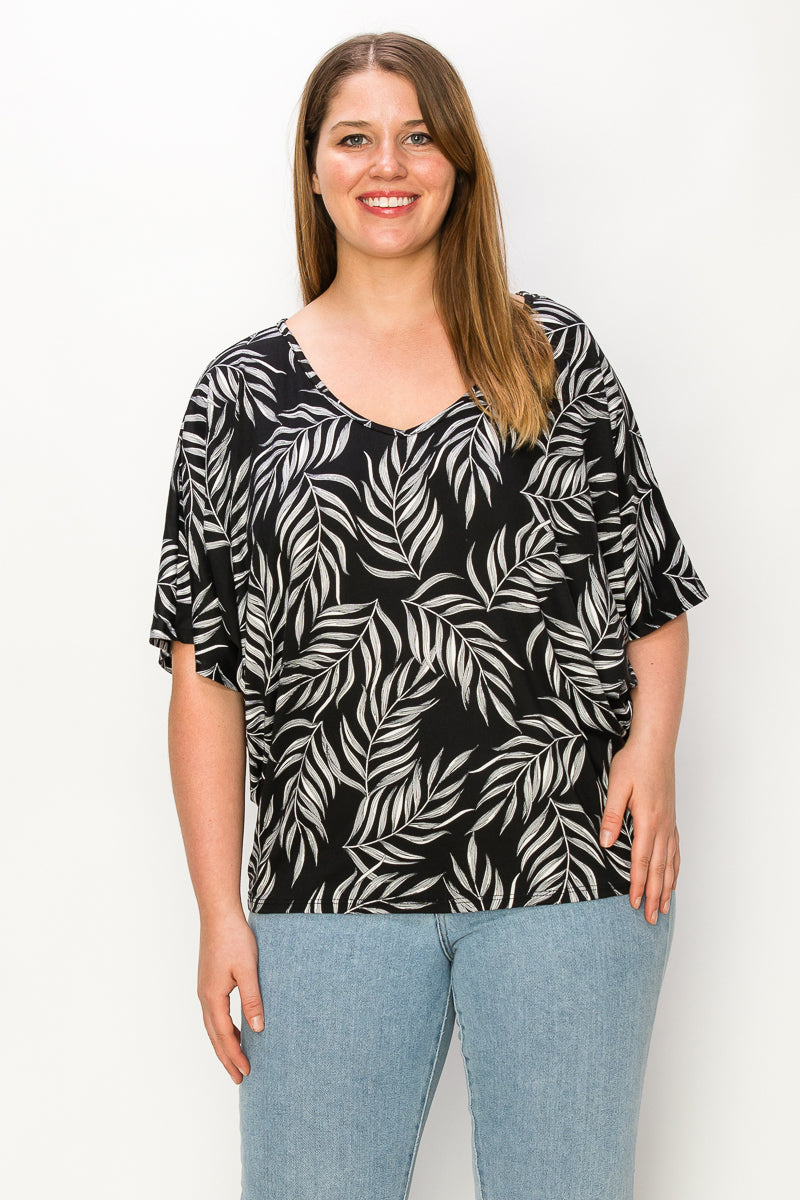 Plus size V neck dolman leaf print plus size