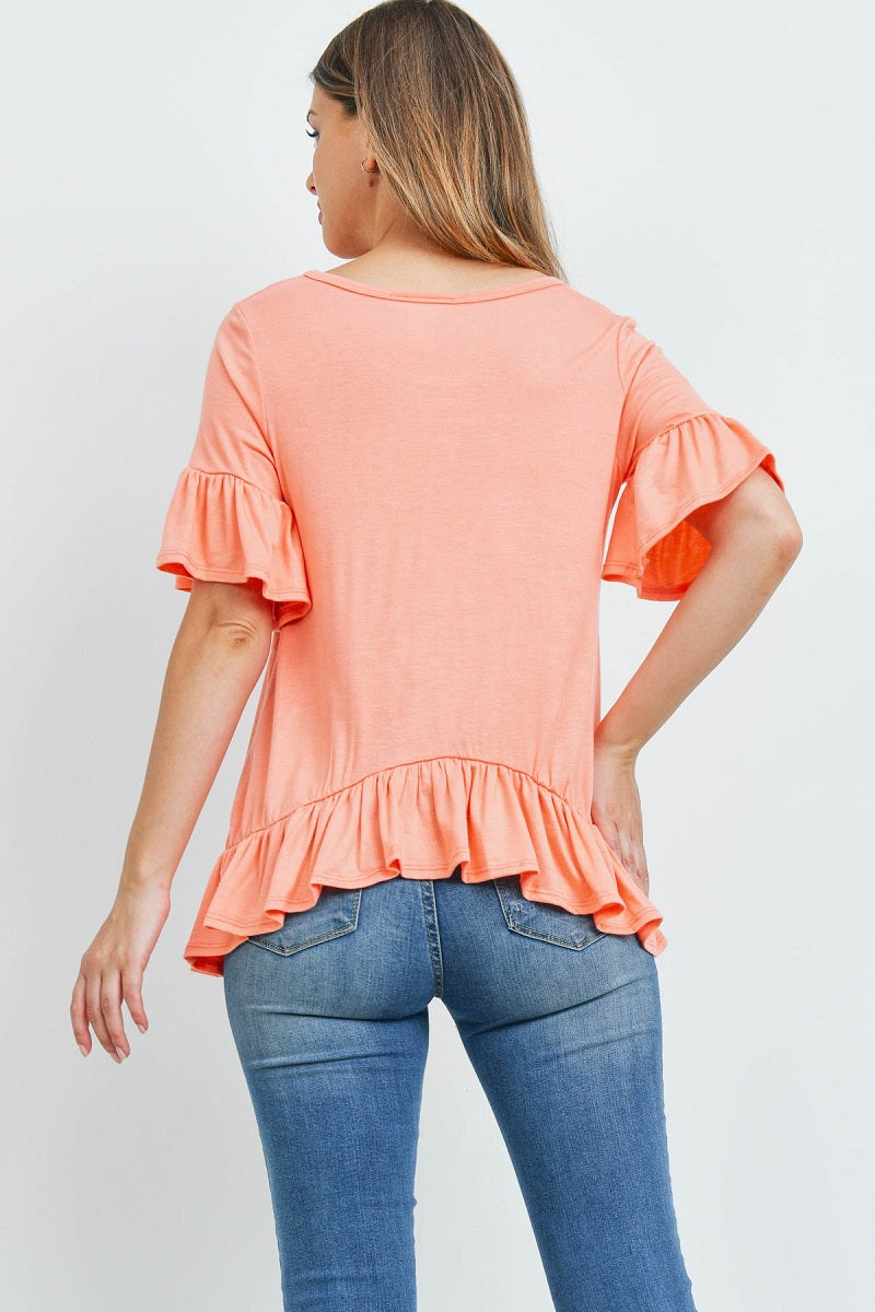 Ruffle short sleeve round neck loose fit casual top in peach color