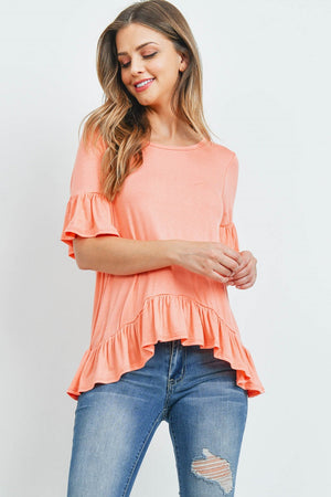 Ruffle short sleeve round neck loose fit casual top in peach color