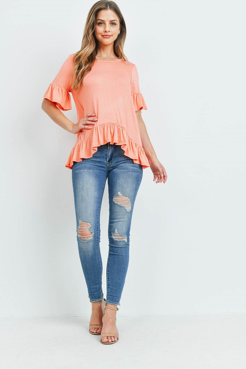 Ruffle short sleeve round neck loose fit casual top in peach color