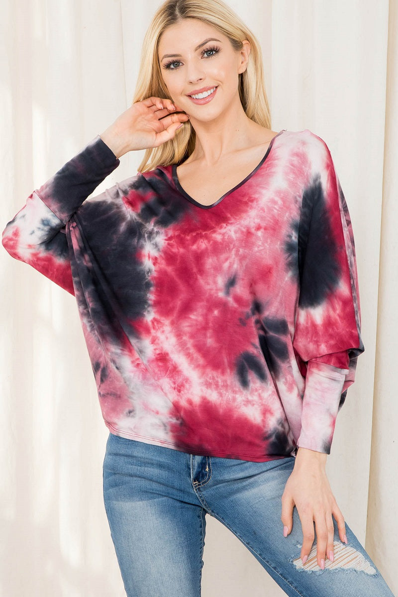 Long Sleeve v neck tiedye dolman top