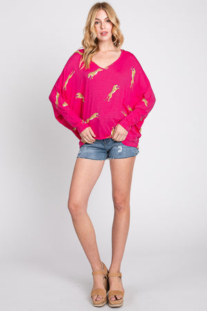 Long Sleeve v neck dolman cheetah fuchsia top