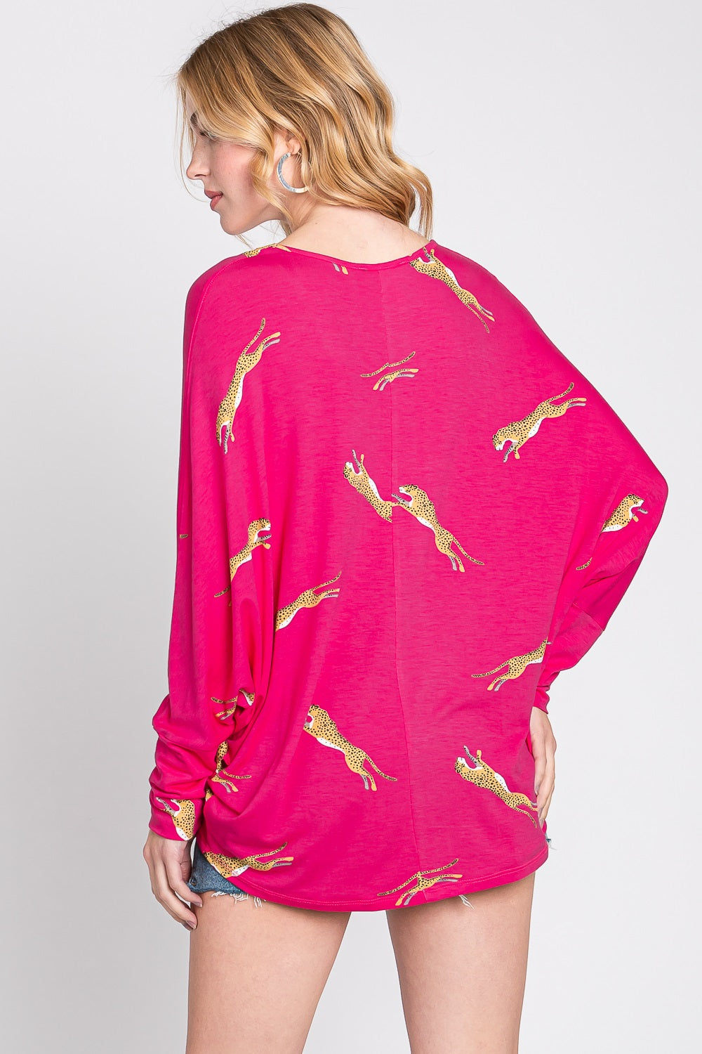 Long Sleeve v neck dolman cheetah fuchsia top