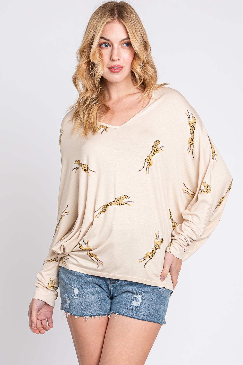 Long Sleeve v neck dolman cheetah taupe top