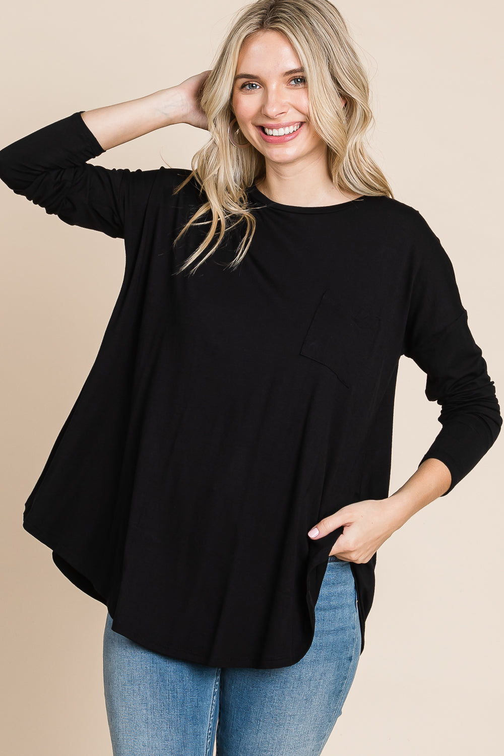 Round neck pocket front dolman black top