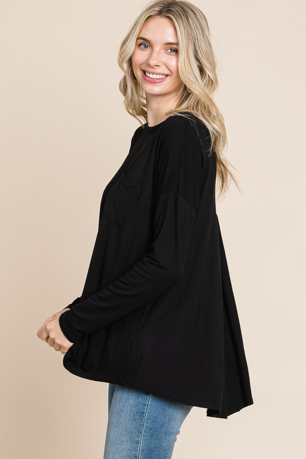 Round neck pocket front dolman black top