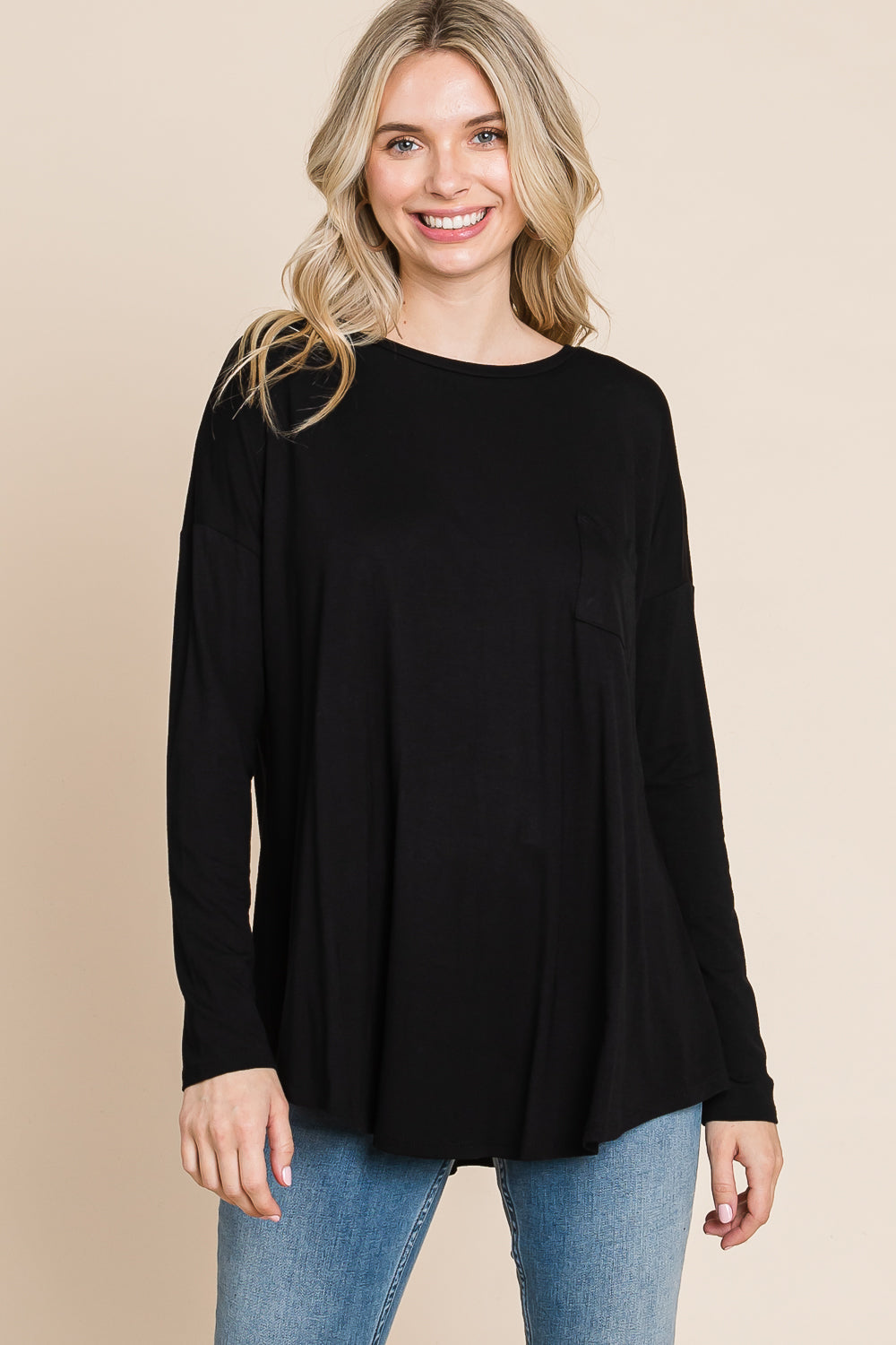 Round neck pocket front dolman black top