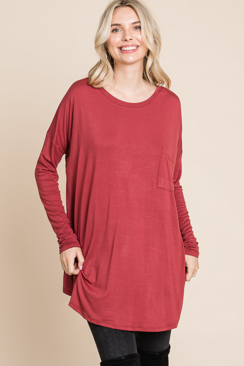 Round neck pocket front dolman terracota top