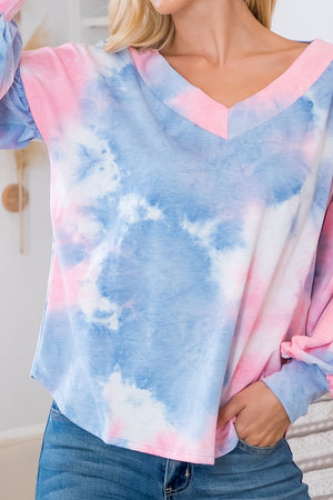 Long Bubble Sleeve v neck blue pink tie dye top