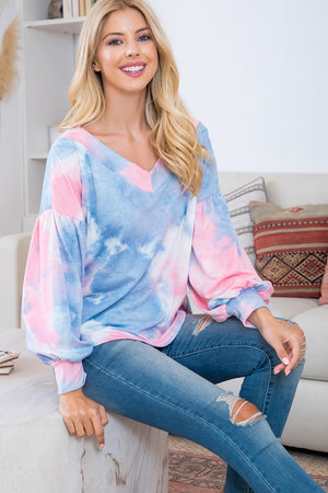 Long Bubble Sleeve v neck blue pink tie dye top