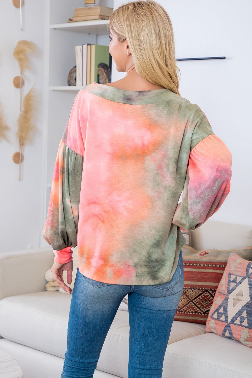 Long Bubble Sleeve v neck olive coral tie dye top