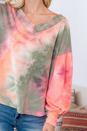 Long Bubble Sleeve v neck olive coral tie dye top