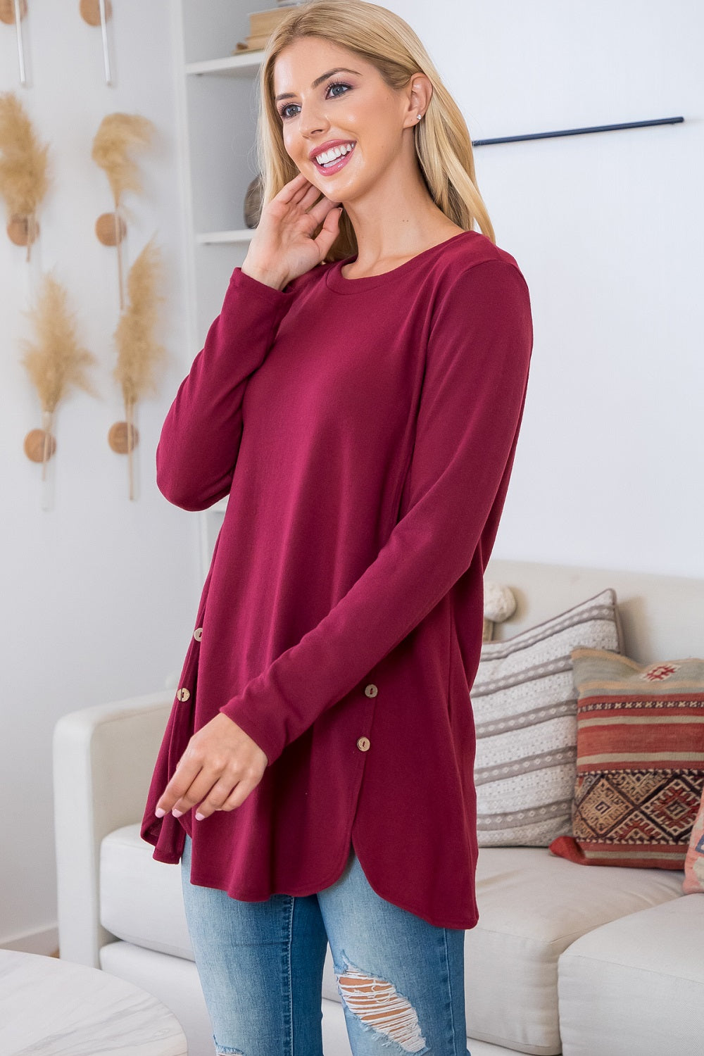 Long sleeve side button burgundy top