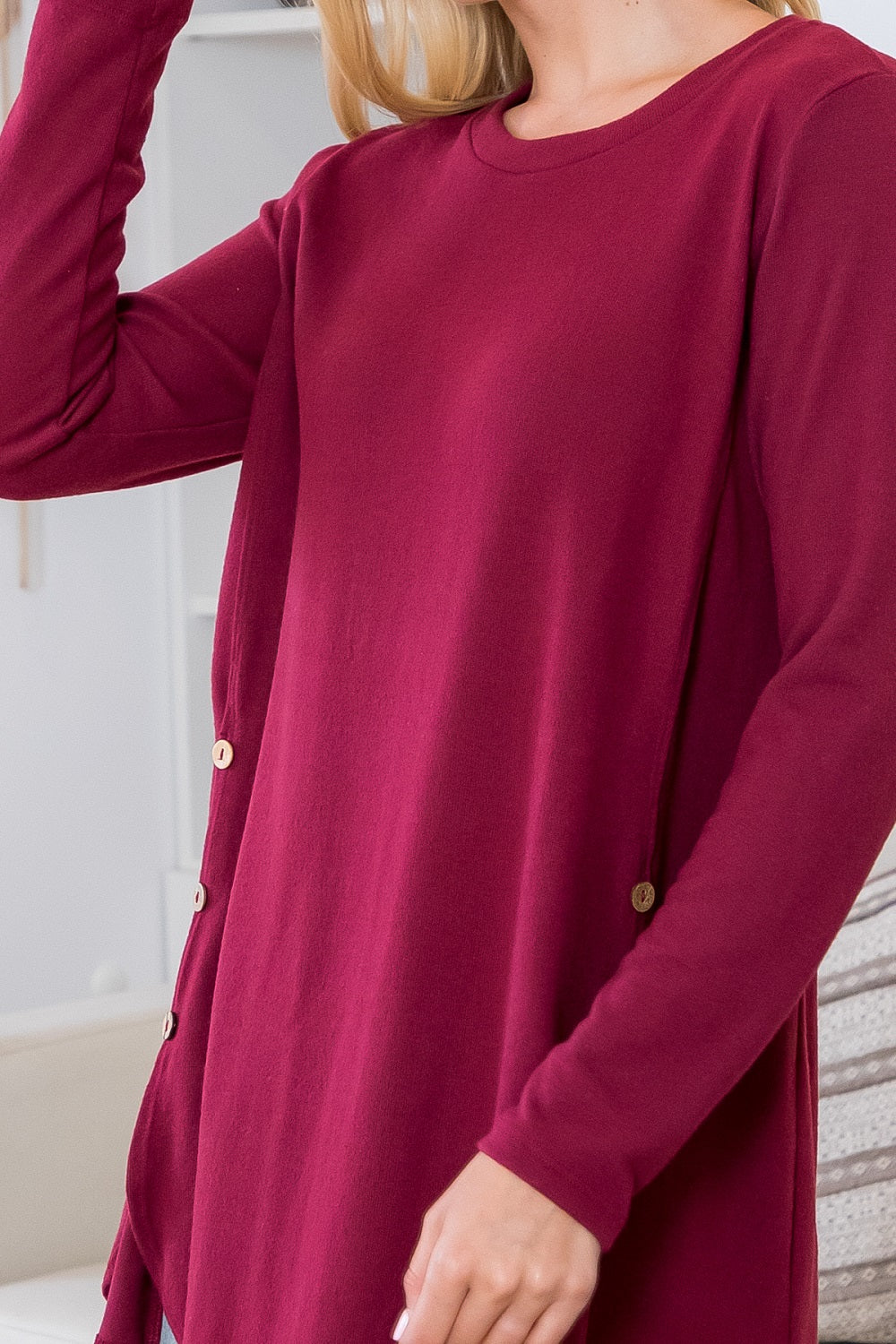 Long sleeve side button burgundy top