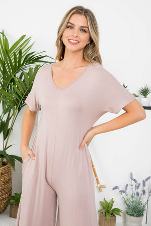 Copy of v neck taupe jumpsuit with pocket