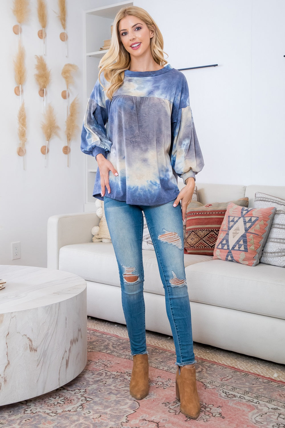 3/4 Sleeve tie dye navy French terry top