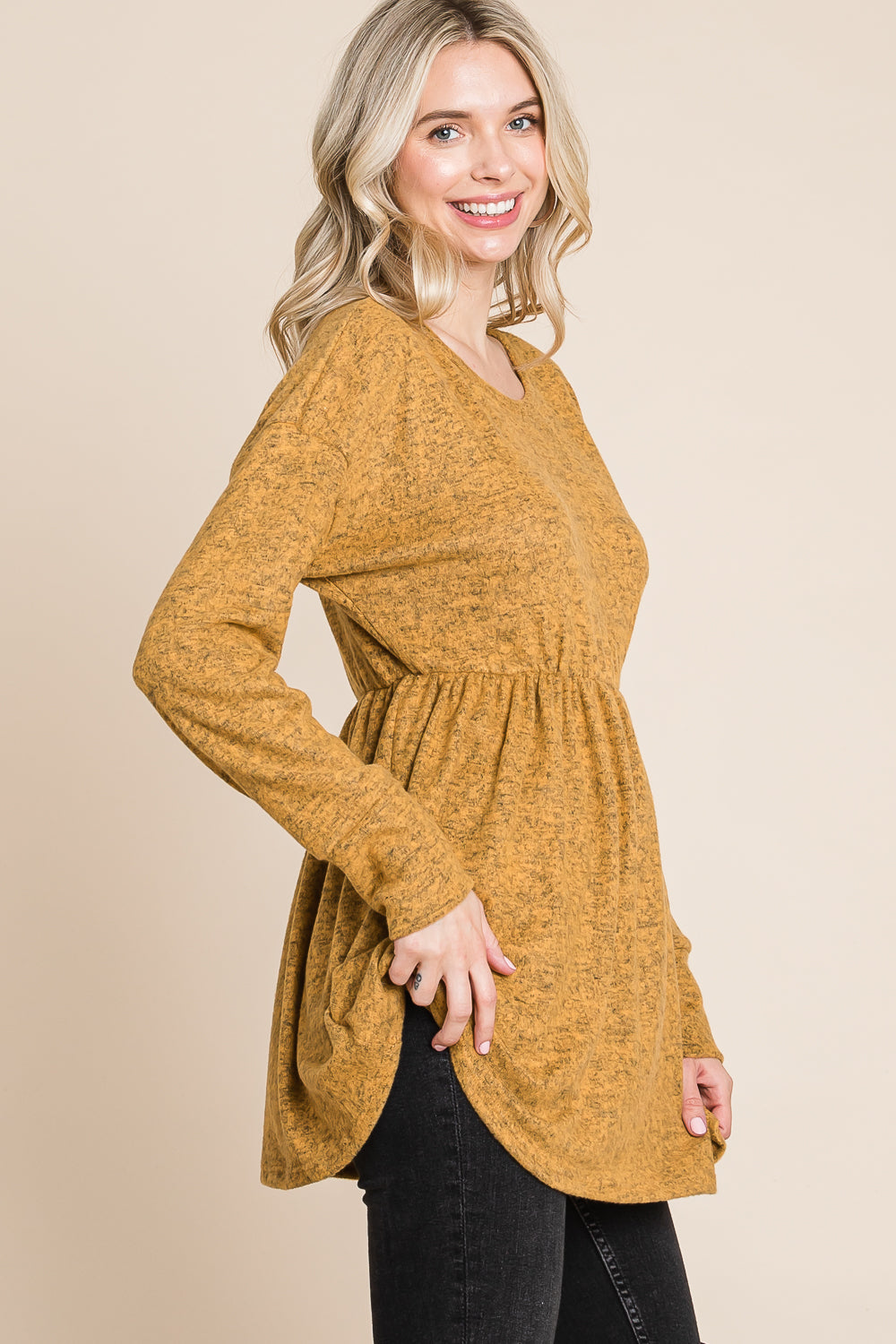 Long sleeve round neck empire waist mustard top