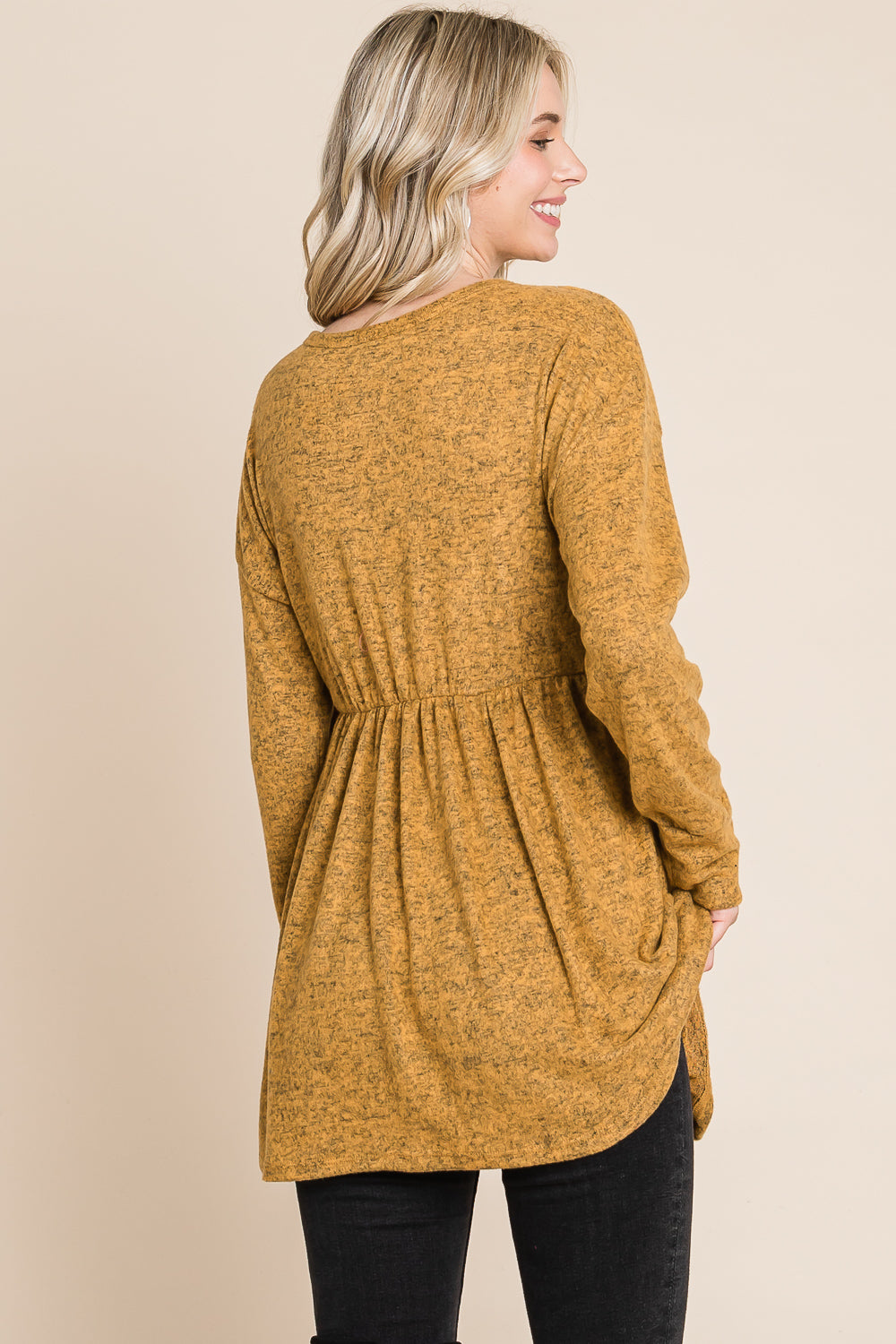 Long sleeve round neck empire waist mustard top