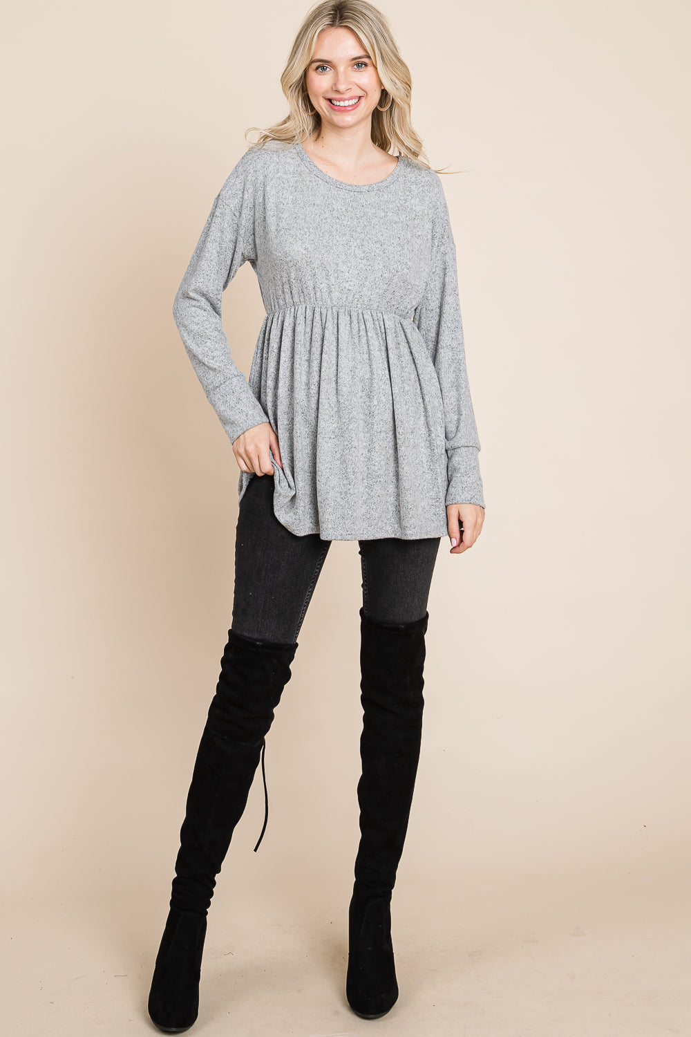 Long sleeve round neck empire waist Heather grey top