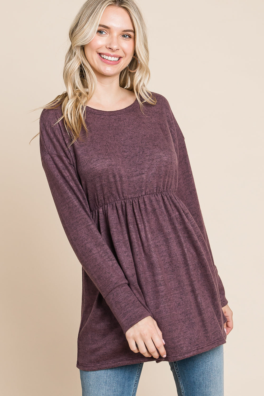 Long sleeve round neck empire waist plum top