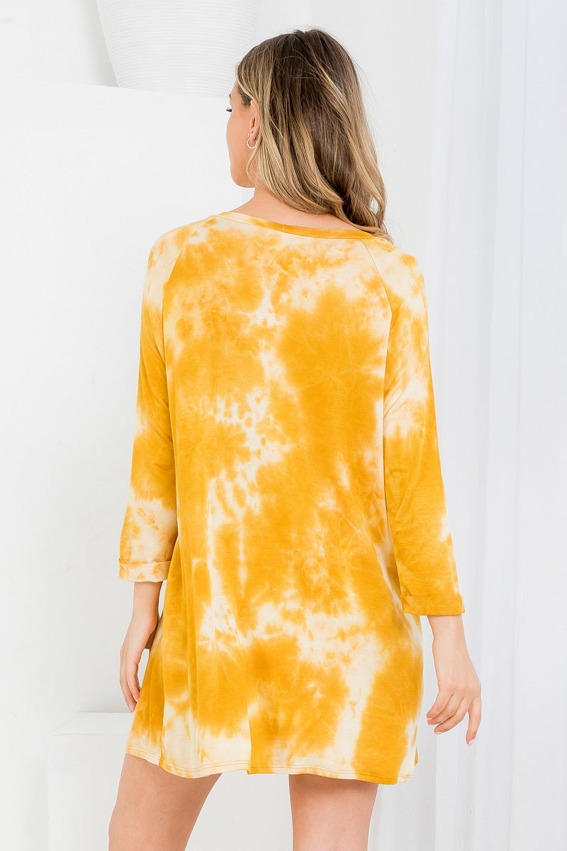 3/4 Sleeve round neck tie dye dress with pockets