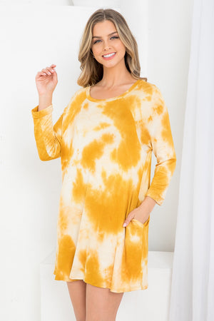 3/4 Sleeve round neck tie dye dress with pockets