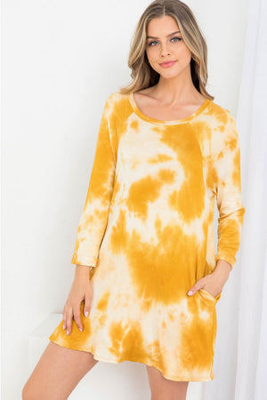 3/4 Sleeve round neck tie dye dress with pockets