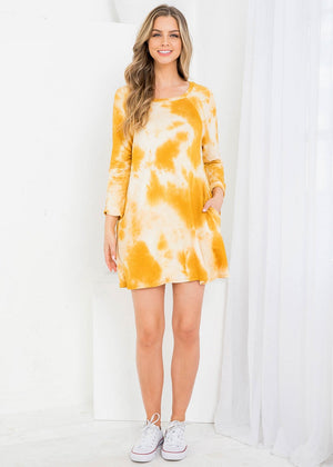 3/4 Sleeve round neck tie dye dress with pockets