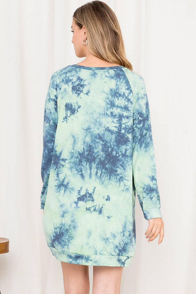 Long Sleeve tie dye sweat shirt dress indigo with pockets