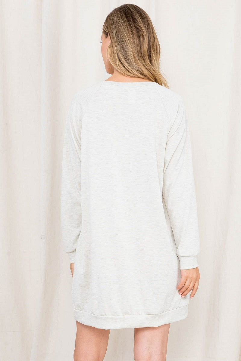 Long Sleeve solid sweat shirt dress oatmeal with pockets