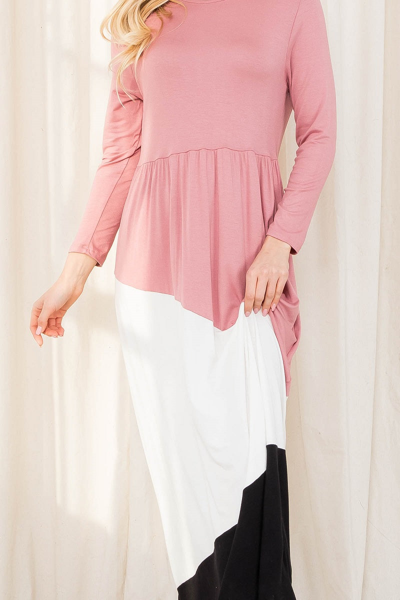 3/4 Sleeve color block maxi dress Mauve