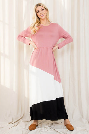 3/4 Sleeve color block maxi dress Mauve