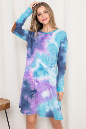 Long sleeve navy tie dye patch elbow sweater dress