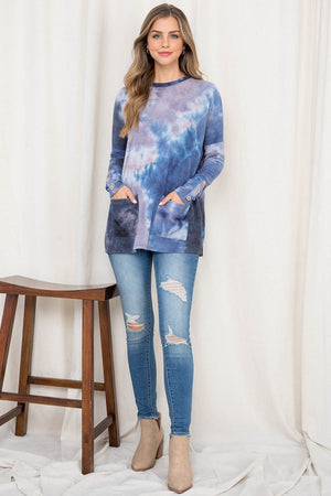 Long sleeve tie dye pocket front top Navy